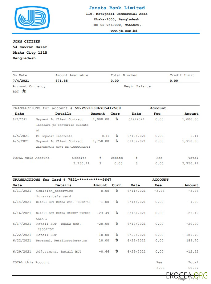 Relevé bancaire Bangladesh Janata, modèle facile à remplir au format de fichier .xls et .pdf